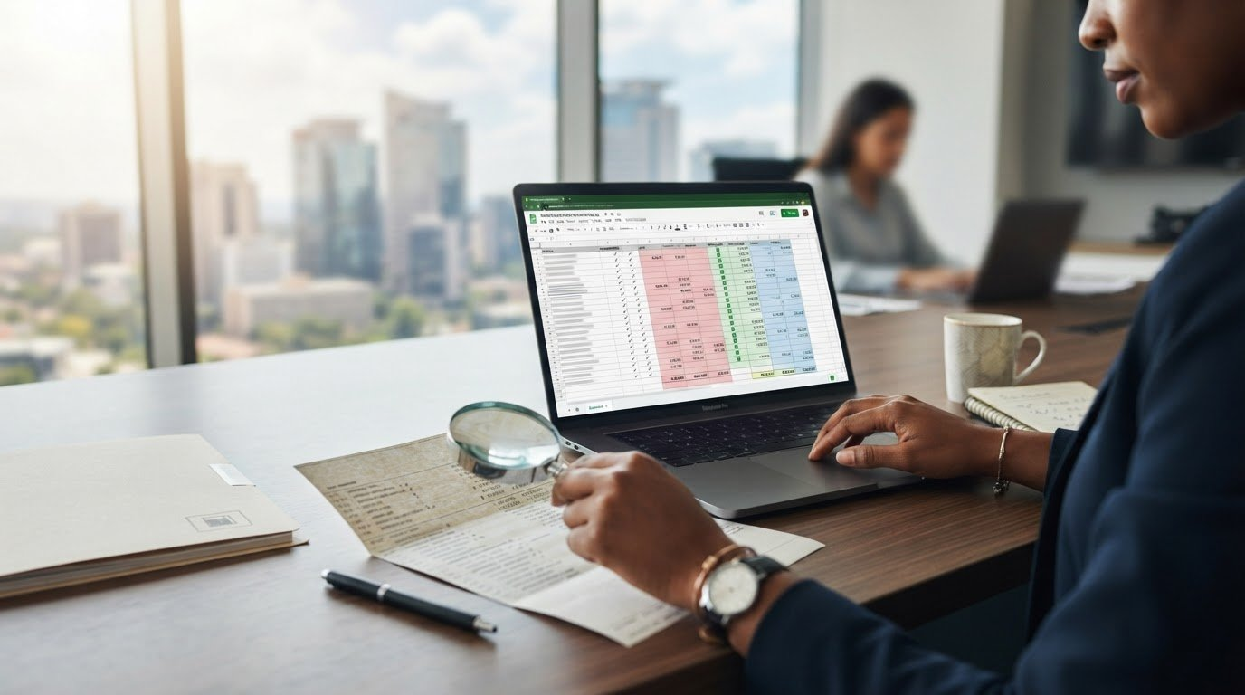 Person comparing a printed bank statement with a spreadsheet on a laptop